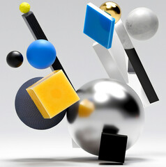 3d render of abstract art with surreal big and small geometry figures as sphere, ball, square boxes, flying in a random way inside a big invisible cube on a light grey background