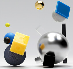 3d render of abstract art with surreal big and small geometry figures as sphere, ball, square boxes, flying in a random way inside a big invisible cube on a light grey background