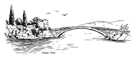 Obraz premium antalya landscape with roman bridge and river – minimal black and white vector