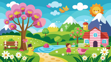 Charming cartoon spring landscape with a pink house blooming trees a river a girl and cute animals