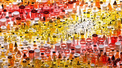 3d render of abstract art surreal 3d background based on geometric figures, particles as torus rings spheres balls cones cubes boxes cylinders in glass plastic and silver metal materials on white back