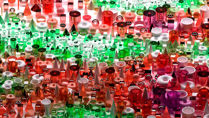 3d render of abstract art surreal 3d background based on geometric figures, particles as torus rings spheres balls cones cubes boxes cylinders in glass plastic and silver metal materials on white back