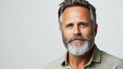 Confident mature man with distinguished gray beard and stylish haircut posing against neutral background with thoughtful, experienced expression