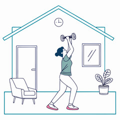 Home workout illustration featuring a woman lifting dumbbell exercise and healthy lifestyle