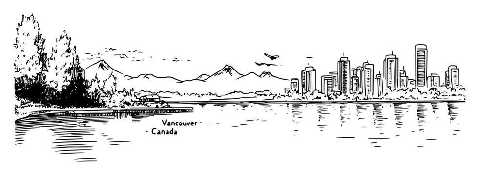 vancouver skyline with mountains vector drawing