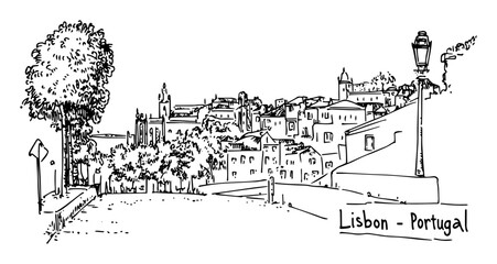 lisbon old town street view vector drawing