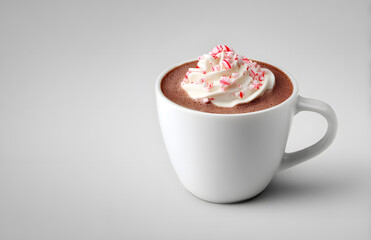 Hot chocolate with whipped cream in white cup.
Cup of hot chocolate topped with whipped cream and peppermint, isolated on light background. Cozy and festive.
