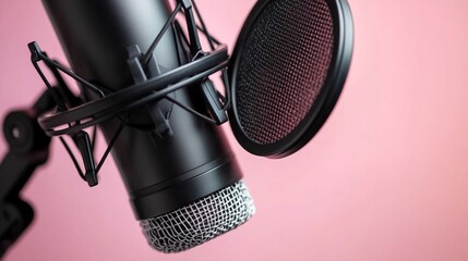 Close-up of a professional microphone and pop filter set against a soft pink background, perfect for music, podcasts, and audio production needs that inspire creativity.