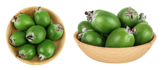 Feijoa fruit in a wooden bowl isolated on white background