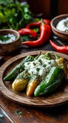 Deliciously plated colorful peppers topped with creamy sauce and herbs, surrounded by fresh ingredients, perfect for culinary blogs, recipes, and food magazines to entice viewers.