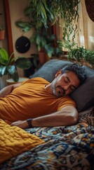 Cozy indoor scene featuring a man peacefully sleeping on a bed adorned with vibrant textiles, surrounded by lush greenery, embodying tranquility and relaxation in a natural setting.