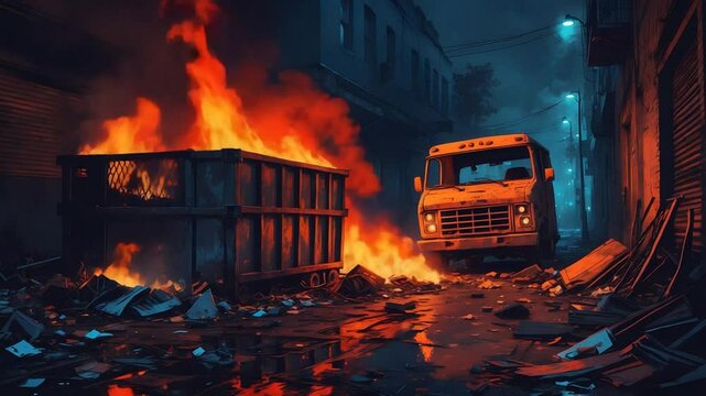 Burning Dumpster and Truck in Dark Alleyway: Urban Decay and Destruction
