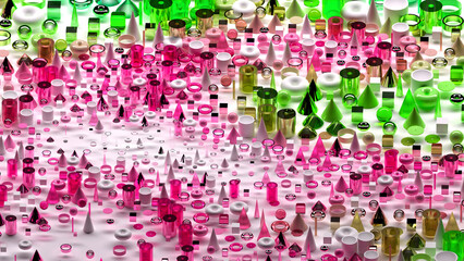 3d render of abstract art surreal 3d background based on geometric figures, particles as torus rings spheres balls cones cubes boxes cylinders in glass plastic and silver metal materials on white back