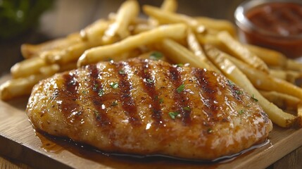 Deliciously grilled chicken breast served with crispy golden fries and a side of rich dipping sauce, perfect for an appetizing meal or a food photography showcase.