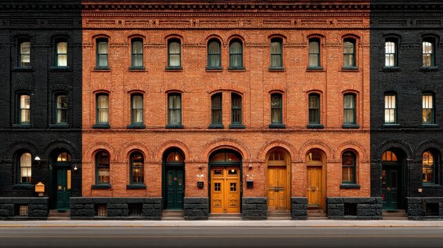 Exterior daytime view of a brick building with multiple arched doors, featuring both dark painted and natural brick sections along a city street