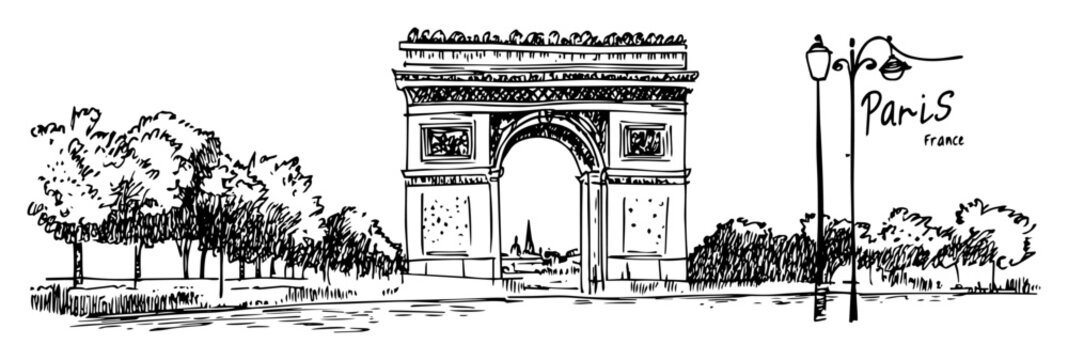 paris arc de triomphe vector sketch in outline style