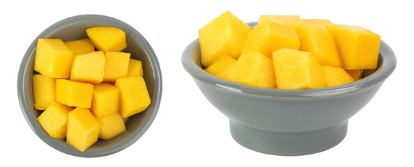mango diced in ceramic bowl isolated on white background. Top view. Flat lay