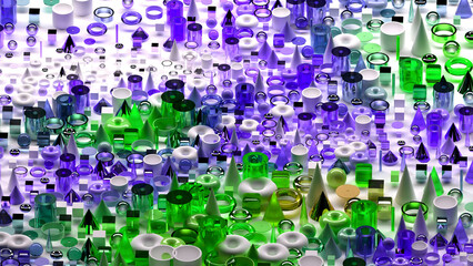 3d render of abstract art surreal 3d background based on geometric figures, particles as torus rings spheres balls cones cubes boxes cylinders in glass plastic and silver metal materials on white back