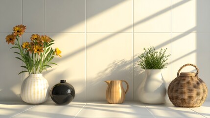 Captivating arrangement of vases and potted plants, illuminated by soft natural light, perfect for enhancing any interior space or home decor visual project.