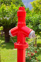 Close-up of red fire hydrant in the tropical garden against blurred green foliage
