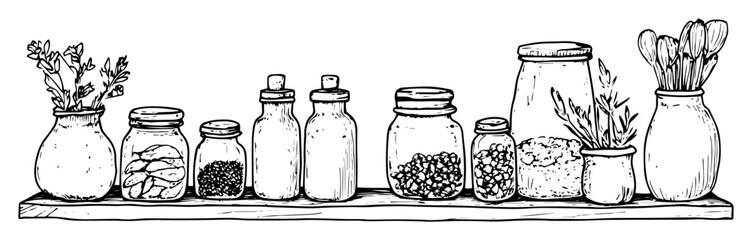 kitchen shelf with herbs and jars vector drawing