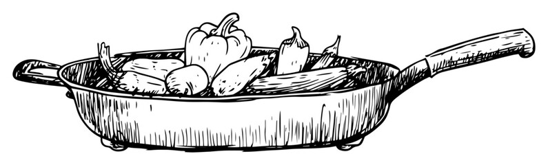 vegetables in frying pan vector cooking drawing