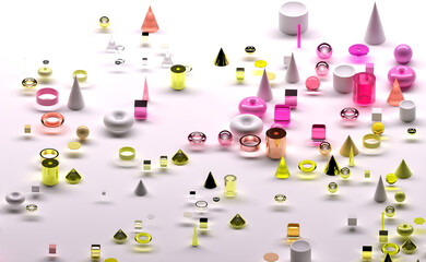 3d render of abstract art surreal 3d background based on geometric figures, particles as torus rings spheres balls cones cubes boxes cylinders in glass plastic and silver metal materials on white back