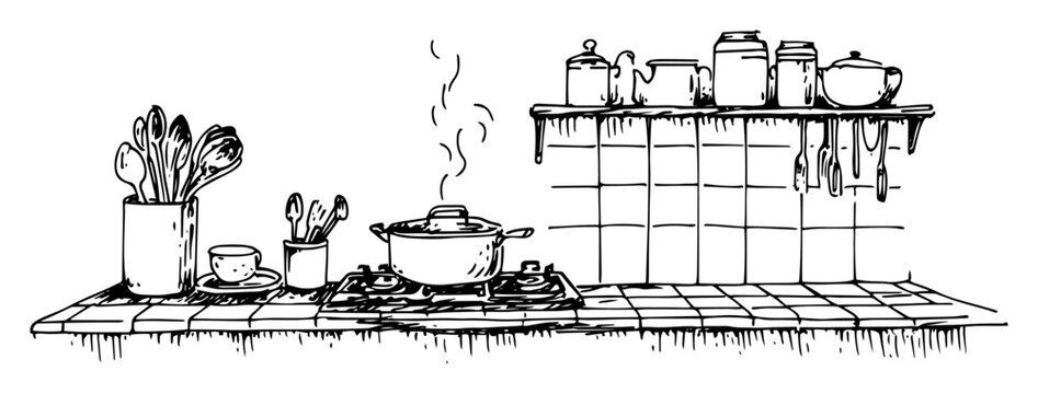 kitchen stove with steaming pot vector sketch