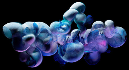 3d render of abstract art of surreal smoke cloud fog structure with small balls particles in wavy curved spherical bubbles forms in blue white and purple mix gradient color on black