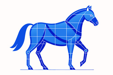 A horse in blueprint style, centered with padding, colors: blue and white