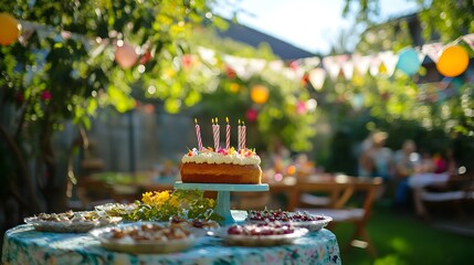 Birthday cake centerpiece at a garden party.