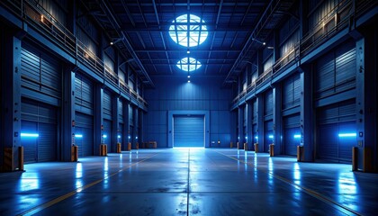 Fototapeta premium Vast Post-Apocalyptic Warehouse with Dramatic Blue Moonlight Effects