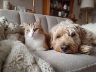 Two pets, a cat and a dog, relaxing together on a sofa in a cozy living room 