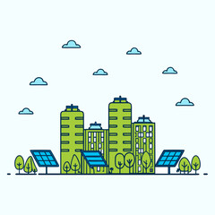 Sustainable city illustration featuring solar panels buildings trees and clouds