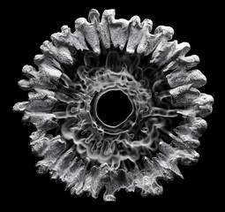 3d render of art, black and white monochrome, surreal with abstract liquid substance in explosion process based on small dust balls spheres particles with plastic material on black background