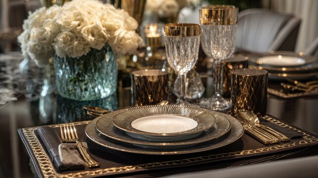 Elegant formal table setting with gold accents and white flowers creates luxurious dining experience - Powered by Adobe