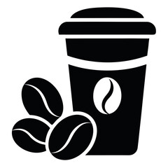 Black and White Coffee Cup Icon with Three Coffee Beans Illustration