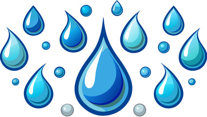 A collection of blue water droplets and small spheres in various sizes and shades of blue and grey