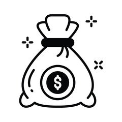 A glyph style icon of money bag tied with string