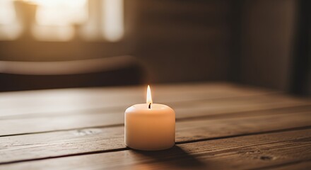 Burning Candle on Wooden Table Creating Warm and Peaceful Atmosphere