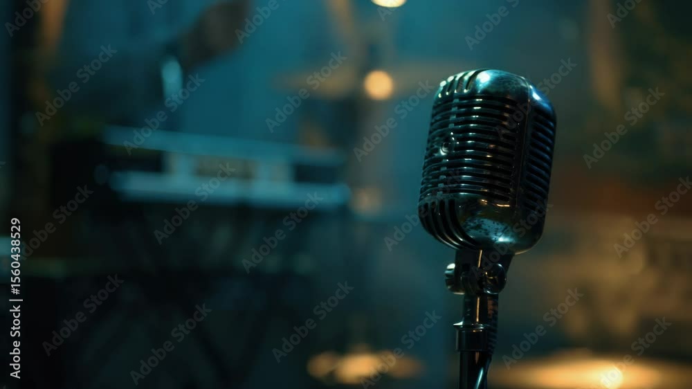 Poster a close-up shot of a microphone on its stand, ready for use