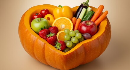 A heart-shaped pumpkin overflows with a variety of fresh, colorful fruits and vegetables.