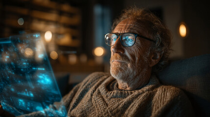 Fototapeta premium Elderly man sitting in a modern living room, wearing smart glasses while using a holographic tablet, ambient lighting glowing blue, showing futuristic icons hovering around him.