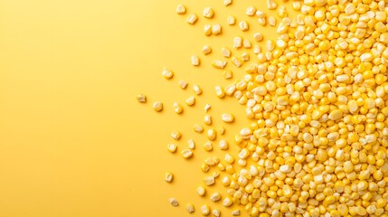 Scattered kernels of vibrant yellow corn create a beautiful textured pattern on a bright yellow background.