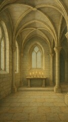 Fototapeta premium Medieval stone hall with candles.