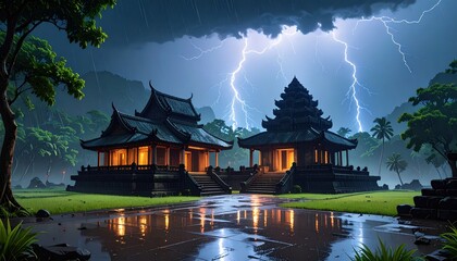 Fototapeta premium Dramatic Lightning Over Ancient Temple with Reflective Puddle at Night