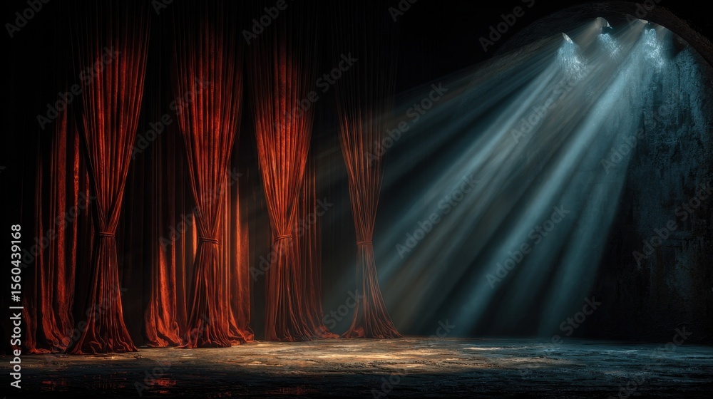 Aufkleber stage with red curtains in spotlight beams showing performance area for actors and performers in a d