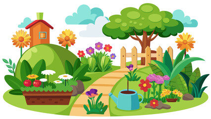 Charming cartoon garden scene with a small house blooming flowers a tree and a watering can