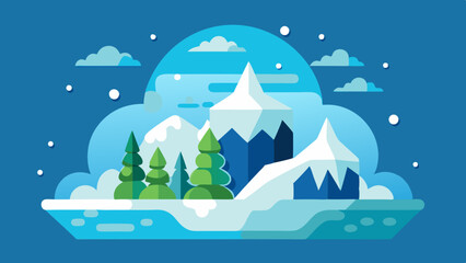 Stylized flat design winter landscape with snow covered mountains evergreen trees and falling snowflakes