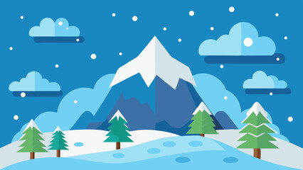 Flat design illustration of a serene winter mountain landscape with snow falling and evergreen trees